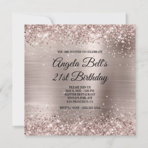 Glittery Pink Champagne Faux Foil Fancy Monogram Invitation