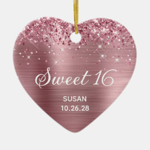 Glittery Pink Foil Sweet 16 Photo Ceramic Ornament