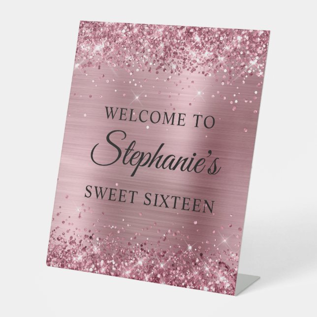 Glittery Pink Foil Sweet Sixteen Welcome Pedestal Sign (Front)