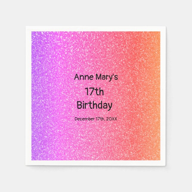 Glittery Pink Orange 17th Birthday Custom Age 2024 Napkin (Front)