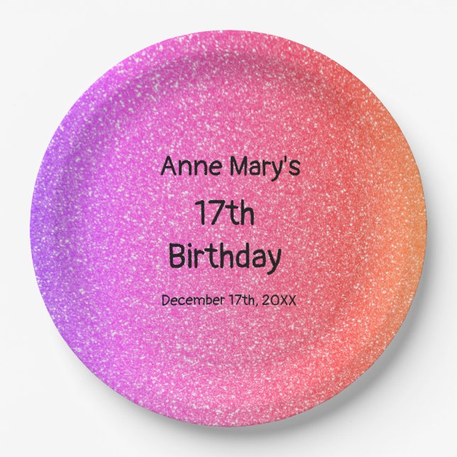 Glittery Pink Orange 17th Birthday Custom Age Cute Paper Plate (Front)