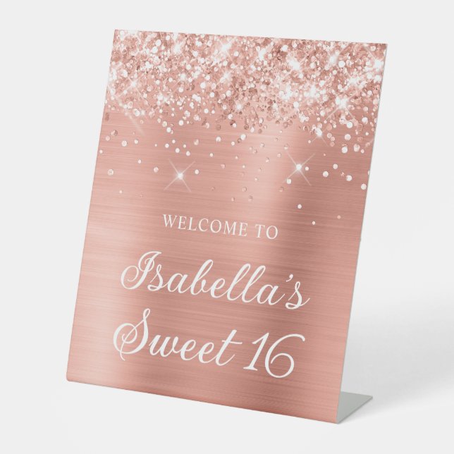 Glittery Pink Peach Foil Sweet 16 Welcome Pedestal Sign (Front)