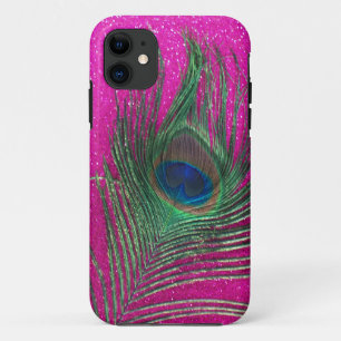 Glittery Pink Peacock Feather iPhone 11 Case