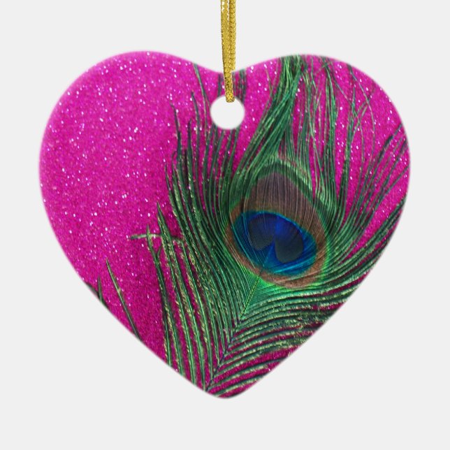 Glittery Pink Peacock Feather Ceramic Tree Decoration (Front)