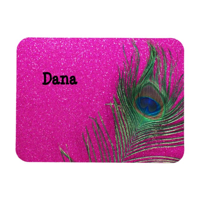Glittery Pink Peacock Feather Magnet (Horizontal)
