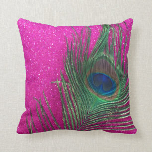 Glittery Pink Peacock Feather Still Life Cushion
