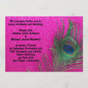Glittery Pink Peacock Wedding Invitation