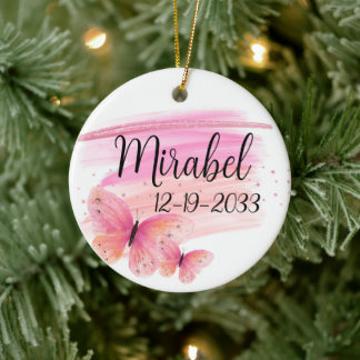 Glittery Pink Rose Butterfly Personalised Ceramic Ornament