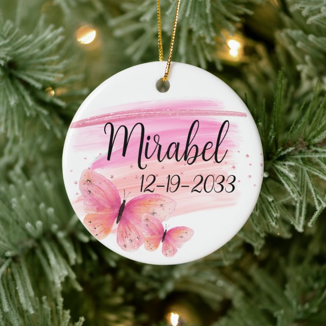 Glittery Pink Rose Butterfly Personalised Ceramic Ornament (Tree)
