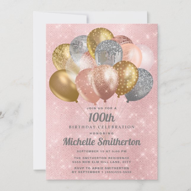 Glittery Pink Silver Gold Balloons 100th Birthday Invitation (Front)