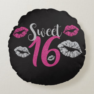 Glittery Pink Silver Sweet 16 Kisses Round Cushion