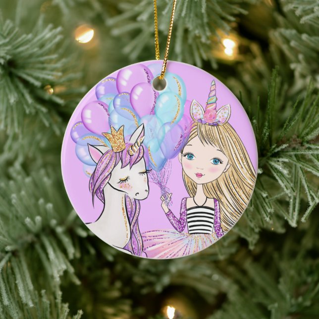 Glittery Pink Unicorn Girls Birthday Ceramic Ornam Ceramic Ornament (Tree)