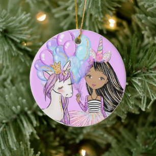 Glittery Pink Unicorn Girls Birthday Ceramic Ornam Ornament