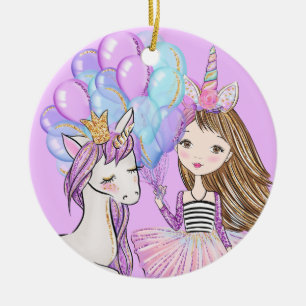 Glittery Pink Unicorn Girls Birthday Ceramic Ornament