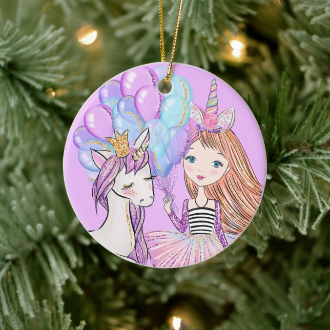 Glittery Pink Unicorn Girls Birthday Ceramic Ornament (Tree)
