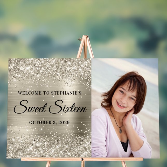 Glittery Platinum Foil Sweet Sixteen Welcome Acrylic Sign (Neutral)