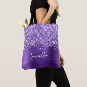 Glittery Purple Amethyst Glam Name Tote Bag