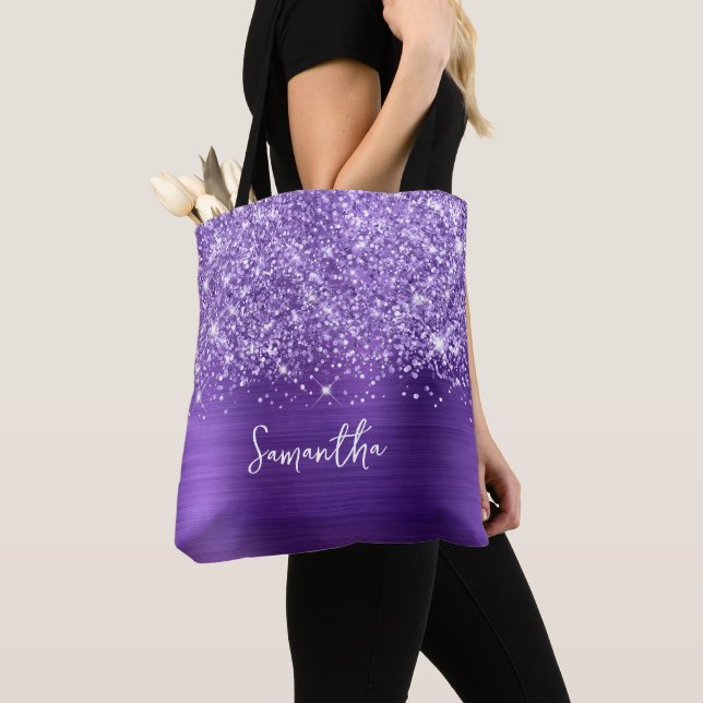 Glittery Purple Amethyst Glam Name Tote Bag (Close Up)