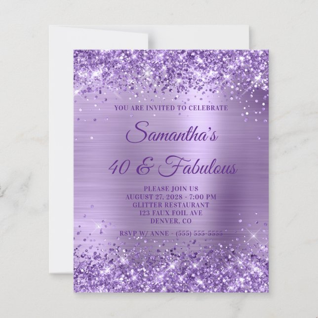 Glittery Purple Foil Monogram 40 & Fabulous Invite (Front)