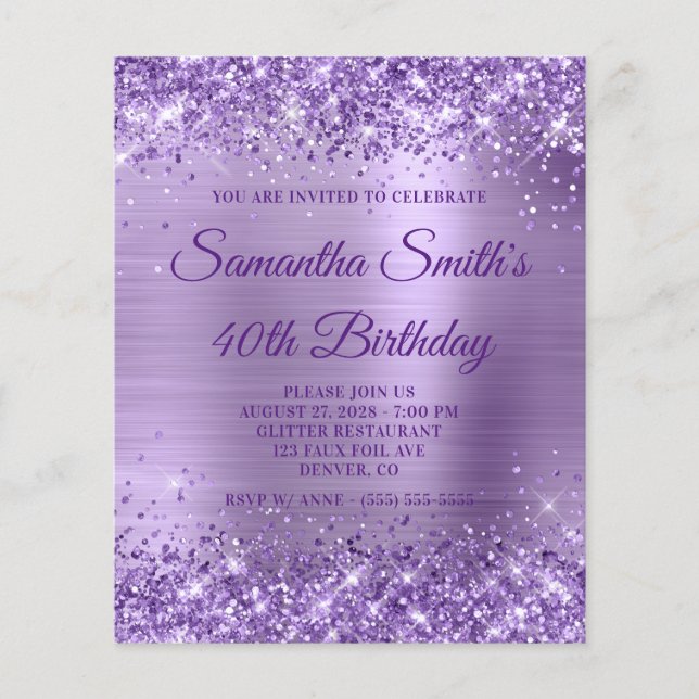 Glittery Purple Foil Monogram 40th Birthday Invite Flyer (Front)