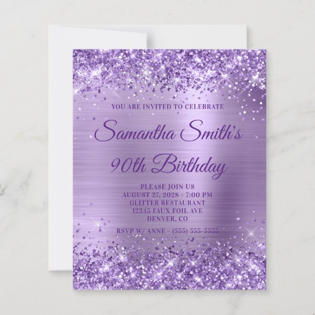 Glittery Purple Foil Monogram 90th Birthday Invite (Front)