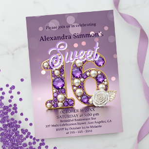 Glittery Purple Gemstone & Pearl Sweet 16 Birthday Invitation
