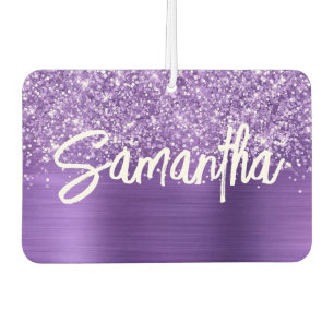 Glittery Purple Glam Brush Script Name Car Air Freshener