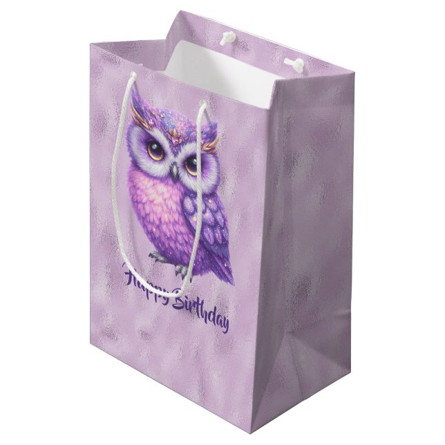 Glittery Purple Owl on a Shiny Purple Background Medium Gift Bag (Front Angled)
