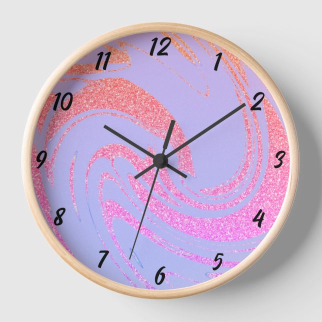 Glittery Purple Pink Rose Gold Wave Pattern Girly Clock (Front)