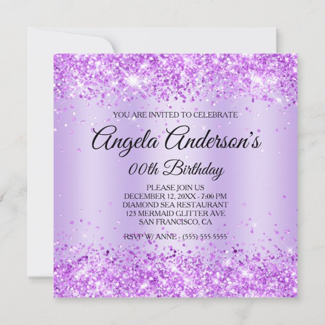 Glittery Purple Shimmer Diamond Seahorse Birthday Invitation (Back)