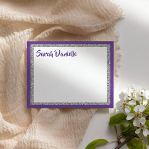 Glittery Purple & Silver Thank You Flat Note Card