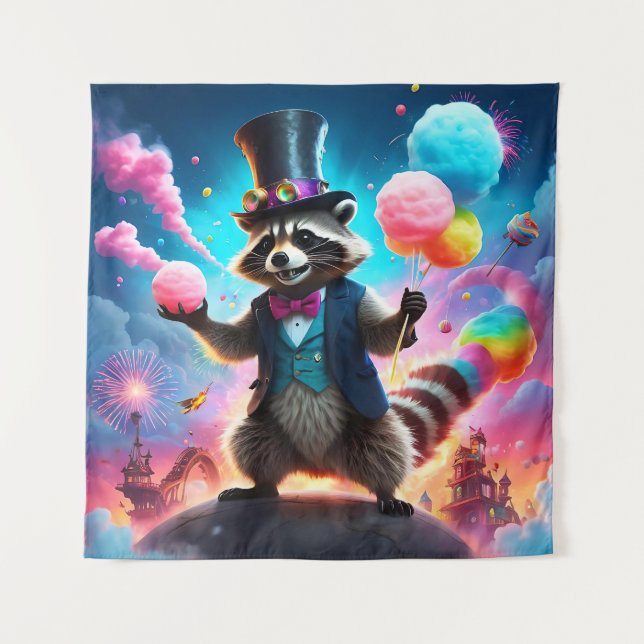 Glittery Racoon and Dragon Carnival Tapestry (Front)