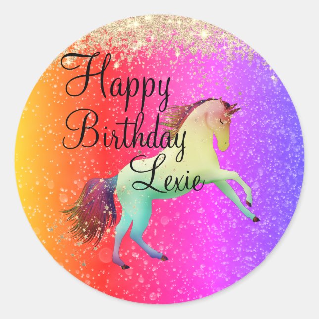 Glittery Rainbow Unicorn    Classic Round Sticker (Front)
