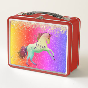 Glittery Rainbow Unicorn Personalised Metal Lunch Box