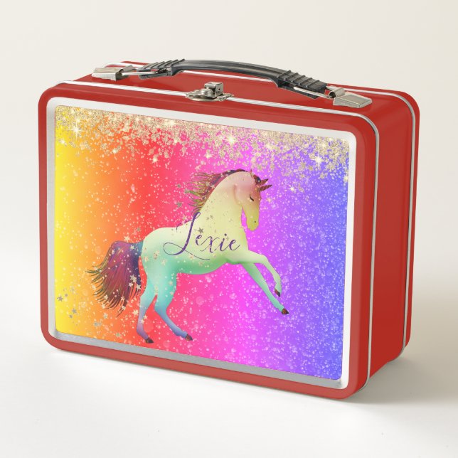 Glittery Rainbow Unicorn Personalised Metal Lunch Box (Front)