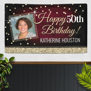Glittery Red and Gold Happy Birthday Banner