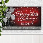 Glittery Red and Silver Happy Birthday Banner<br><div class="desc">Fun banner sign for indoors or out,  featuring some glam metallic balloons and glittery confetti on a rich textured deep red background for your personalised birthday banner.</div>