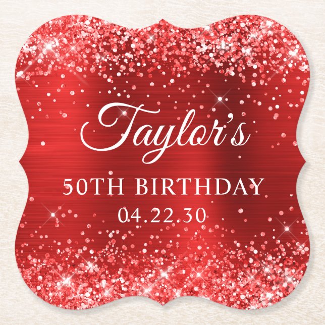 Glittery Red Foil 50th Birthday Paper Coaster (Front)