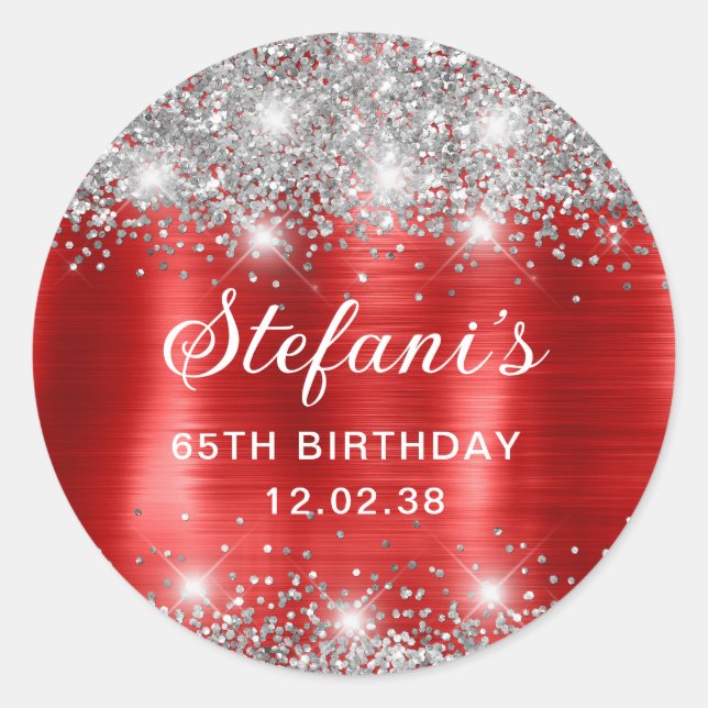 Glittery Red Foil 65th Birthday Classic Round Sticker (Front)