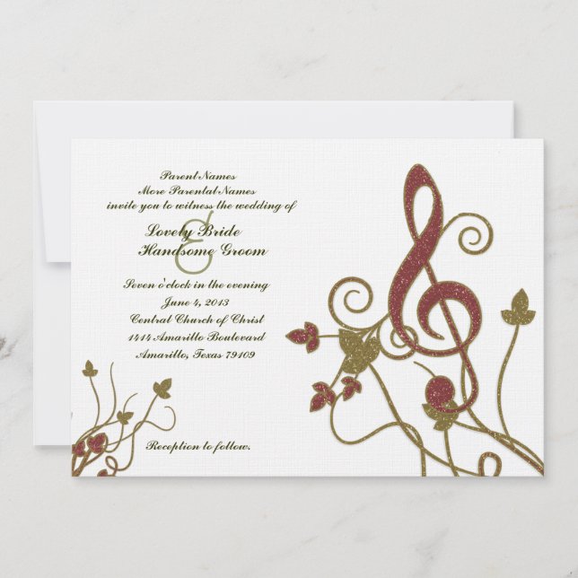Glittery Red Gold White Music Wedding Invitation (Front)