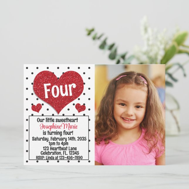 Glittery Red Heart Sweetheart Any Age Birthday Pic Invitation (Standing Front)