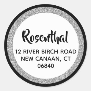 Glittery Return Address Simple Black and Silver Classic Round Sticker