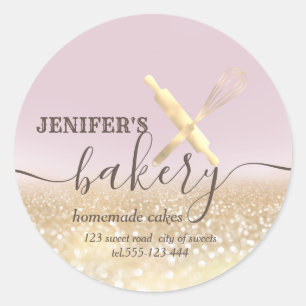 Glittery  rolling pin & whisk chef script bakery classic round sticker