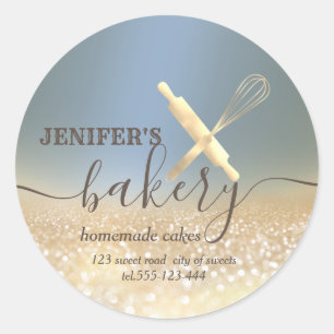 Glittery  rolling pin & whisk chef script bakery classic round sticker