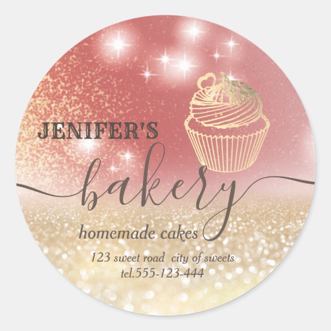 Glittery  rolling pin & whisk chef script bakery classic round sticker (Front)