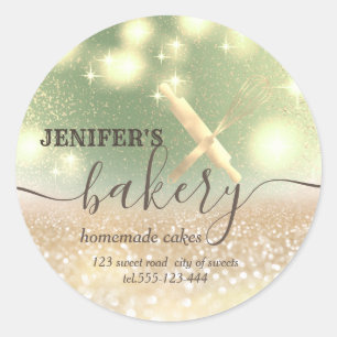 Glittery rolling pin & whisk chef script bakery classic round sticker