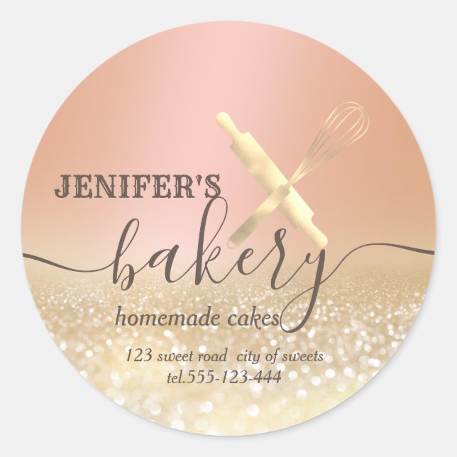 Glittery  rolling pin & whisk chef script bakery classic round sticker (Front)