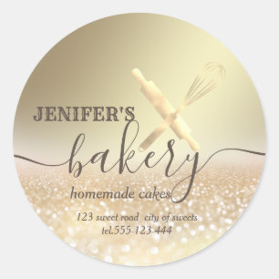 Glittery  rolling pin & whisk chef script bakery classic round sticker