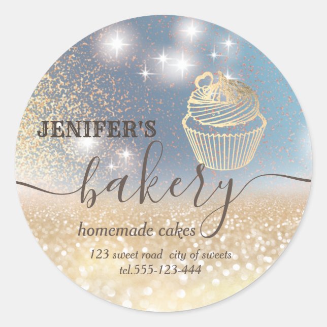 Glittery  rolling pin & whisk chef script bakery classic round sticker (Front)