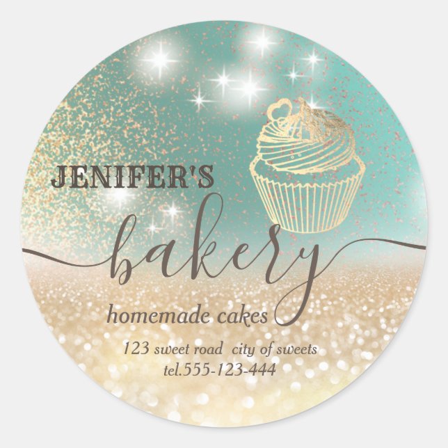 Glittery  rolling pin & whisk chef script bakery classic round sticker (Front)
